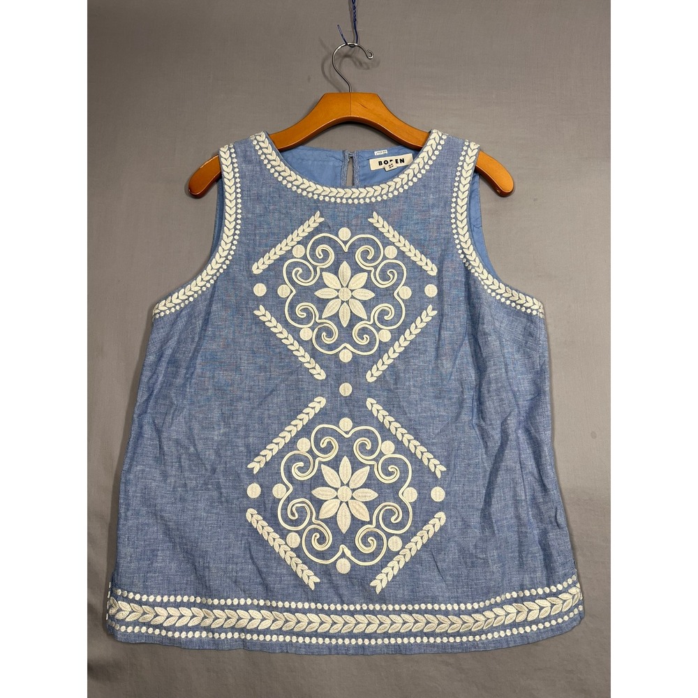 Boden Womens Blue Linen Embroidered Sleeveless Shell Top Size US 12 UK 16
